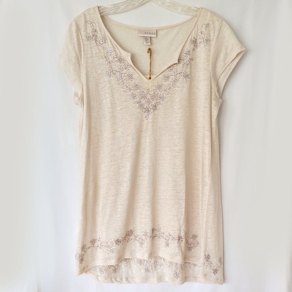 Kenar Embellished Linen Top Tunic Sequined M Medium Lightweight Semi Sheer NWT
